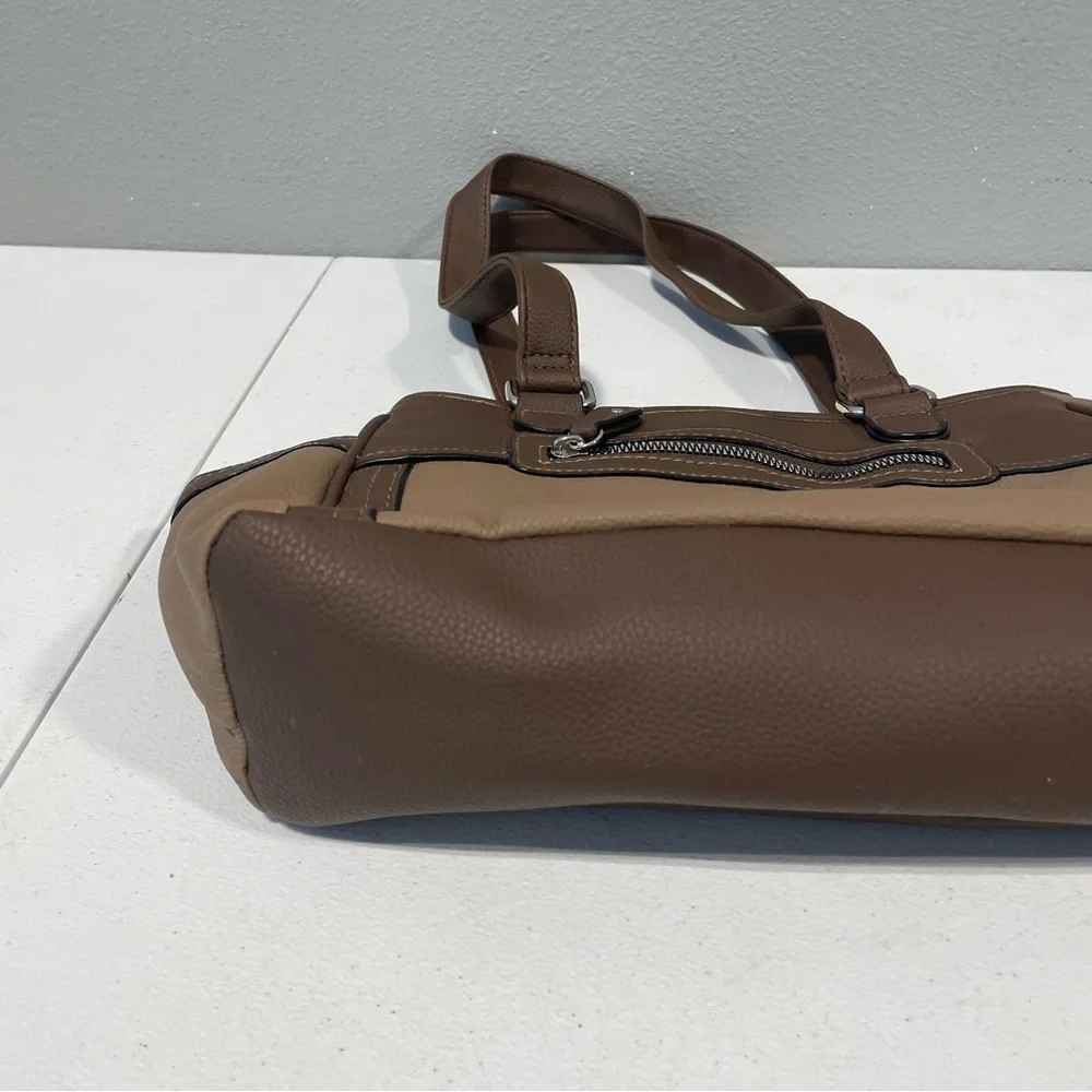 Faux Leather Double‎ Opening Center Zip Purse Hobo Bag Brown And Tan